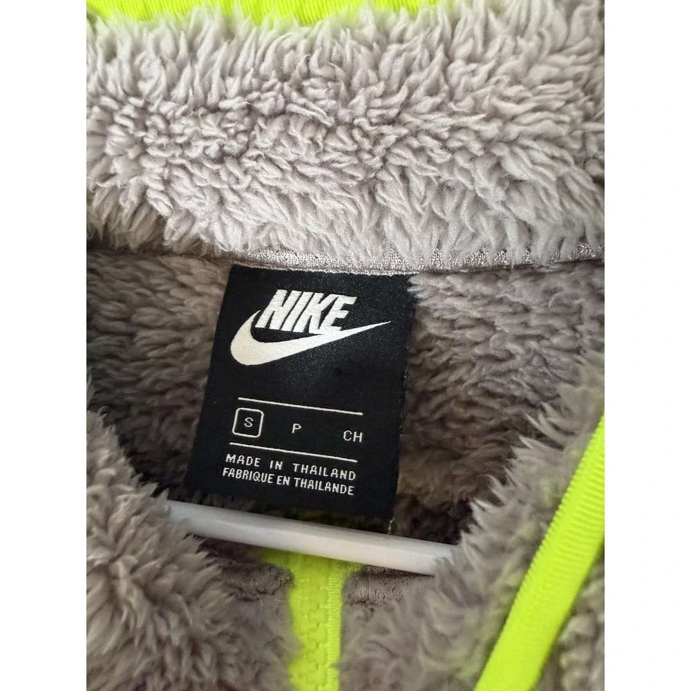 NIKE Womens Small Neon Cropped Fuzzy Pullover 1/4 Zip Mock Neck Pockets